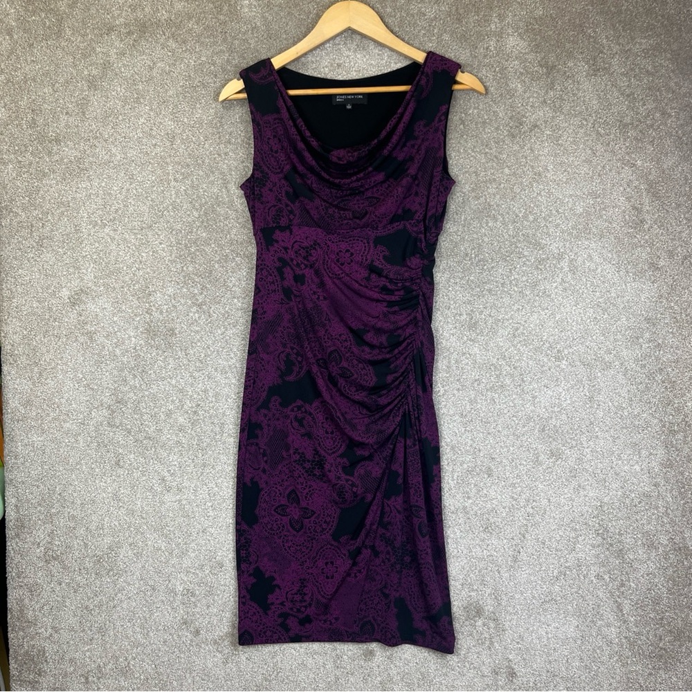 Jones New York Dress Womens 2 Purple Black Sleeveless Ruched Sheath- 3589